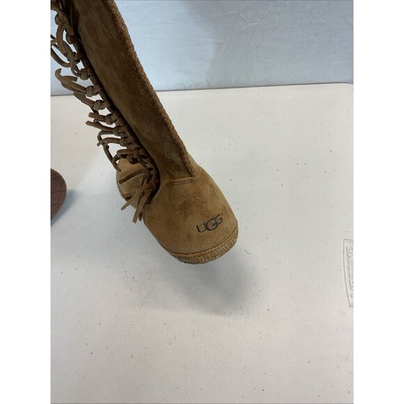UGG Mammoth Moccasin Brown Sz 9 Suede Leather Fringed Tall Boots Festival‎ Boho - Picture 9 of 11